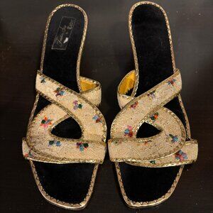 Vintage 1960s mule heels gold with lace and floral detail